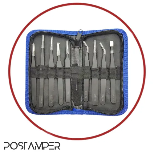 پک 9 عددی انواع مدل های پنس (سر کج،سر صاف،سر پهن و ...) آنتی استاتیک به همراه کیف نگهدارنده