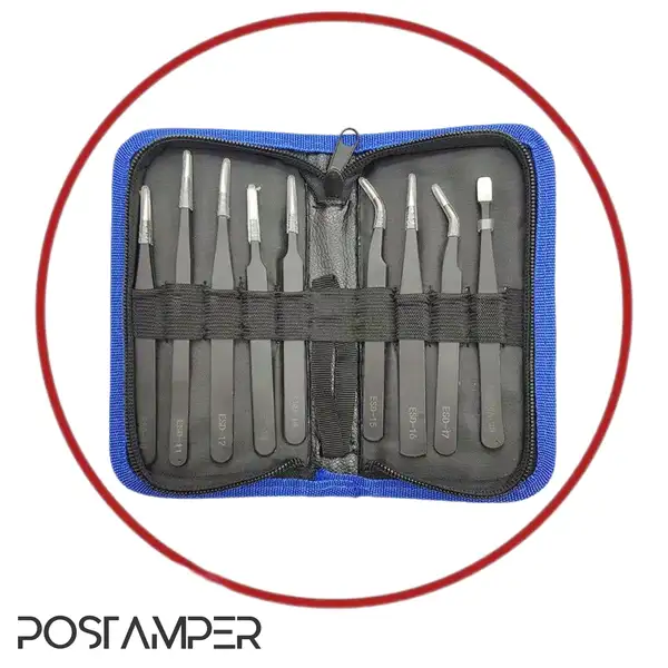 پک 9 عددی انواع مدل های پنس (سر کج،سر صاف،سر پهن و ...) آنتی استاتیک به همراه کیف نگهدارنده